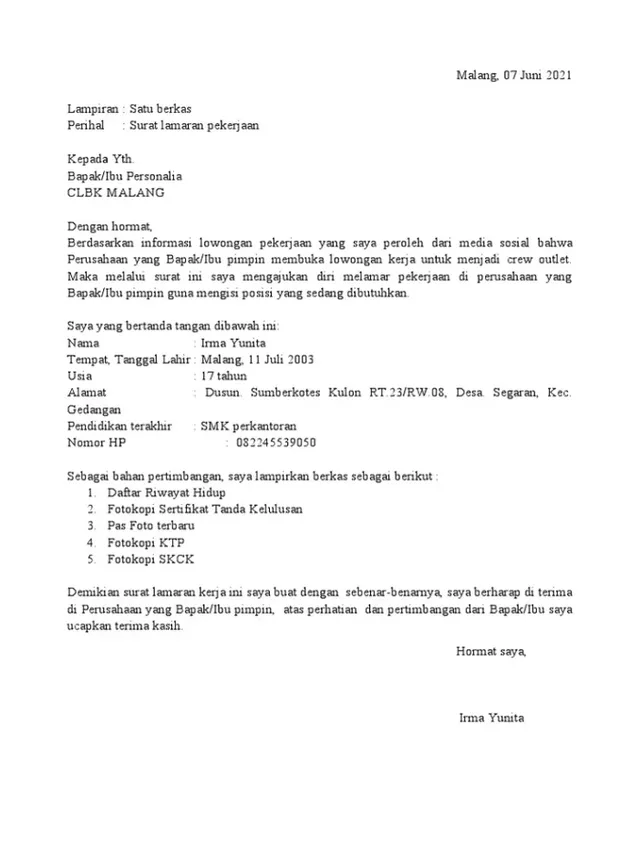 Contoh Surat Lamaran Kerja Berdasarkan Informasi di Media Sosial