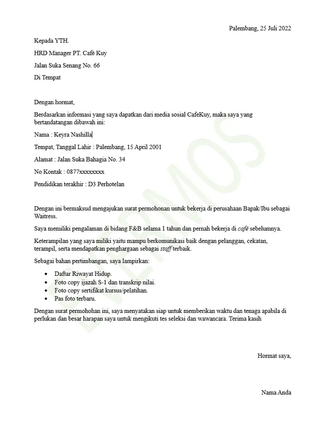 contoh surat lamaran kerja di cafe