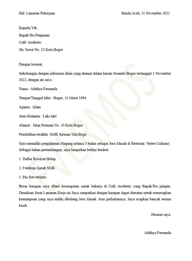 contoh surat lamaran kerja di cafe