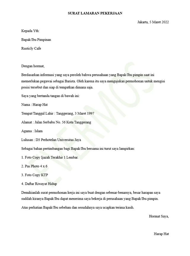 contoh surat lamaran kerja di cafe