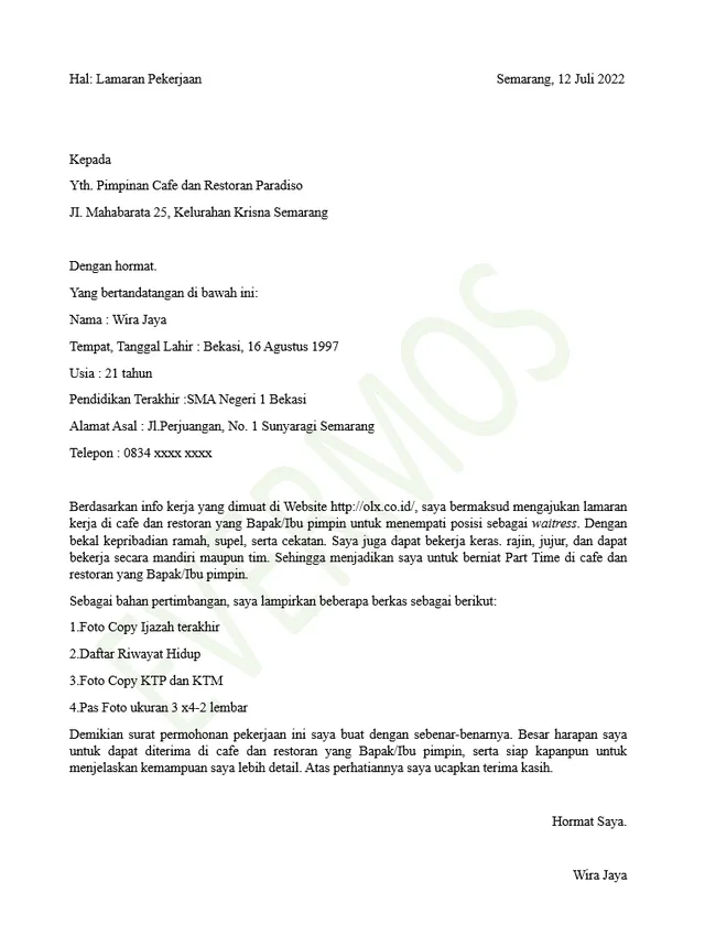 contoh surat lamaran kerja di cafe