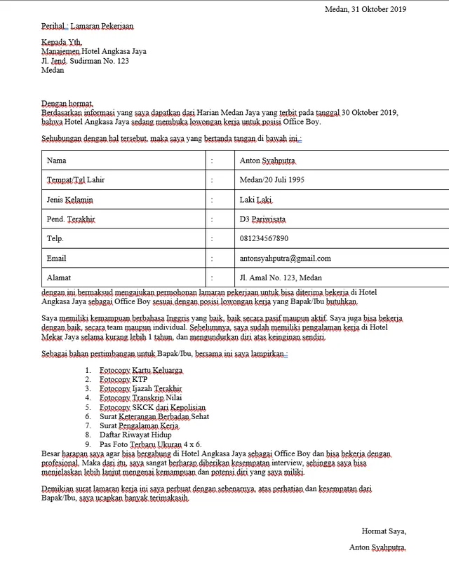 contoh surat lamaran kerja di hotel posisi waitress