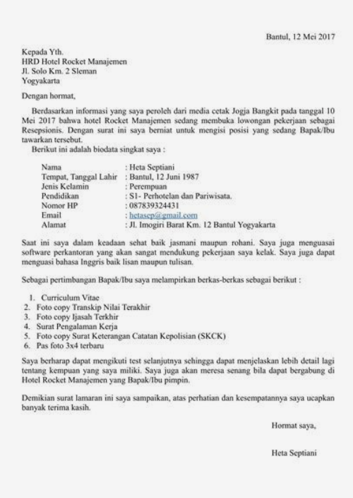 contoh surat lamaran kerja di hotel bagian resepsionis