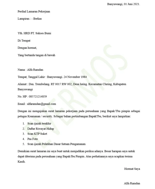 contoh surat lamaran kerja di perumahan
