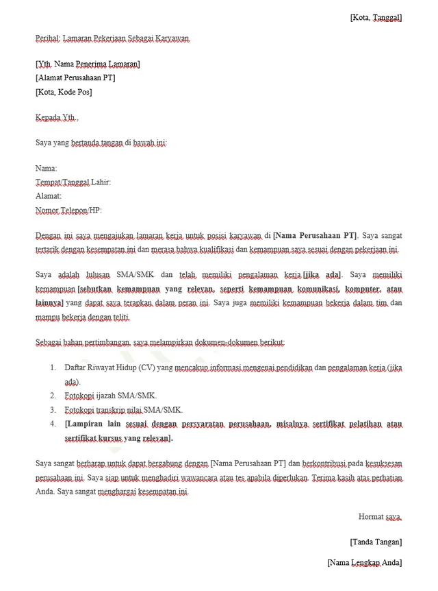 contoh surat lamaran kerja di pt sebagai karyawan