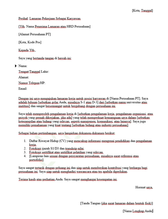contoh surat lamaran kerja di pt sebagai karyawan