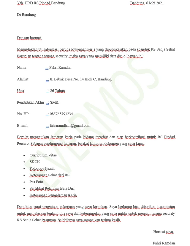 contoh surat lamaran kerja di rs