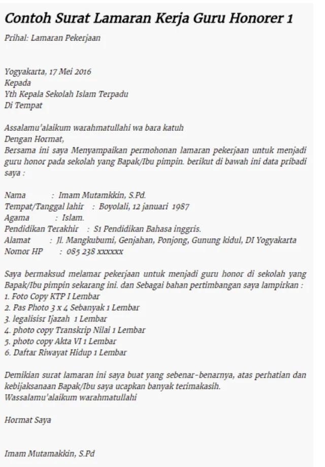 contoh surat lamaran kerja guru sd