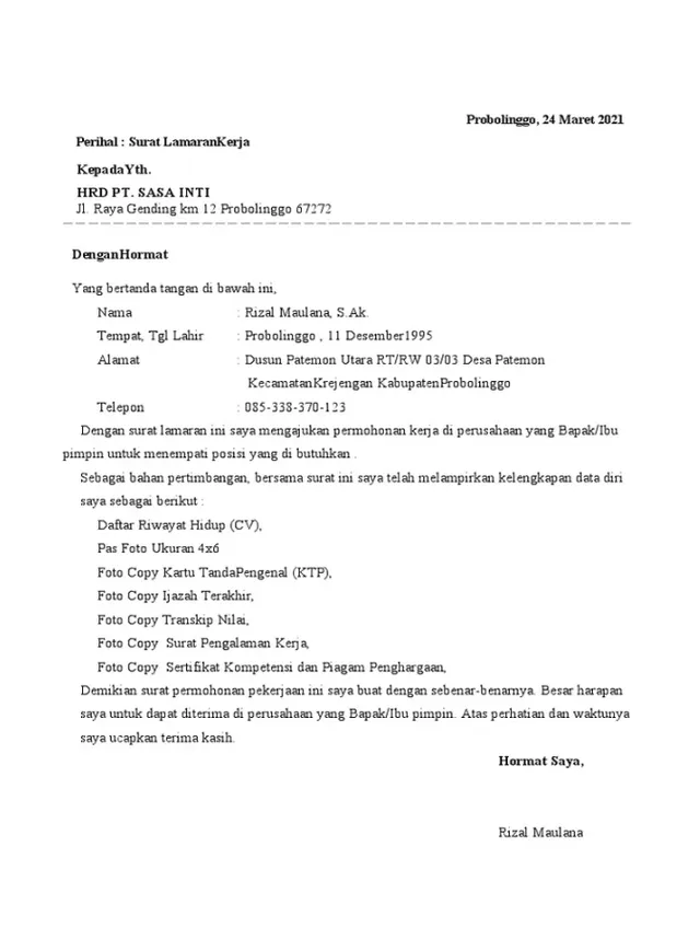 contoh surat lamaran kerja di word