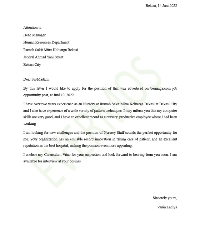 Contoh Surat Lamaran Kerja Perawat