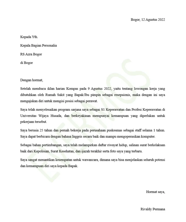 Contoh Surat Lamaran Kerja Perawat