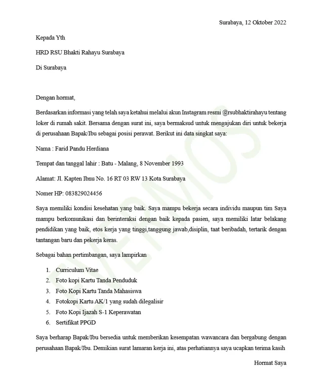 Contoh Surat Lamaran Kerja Perawat