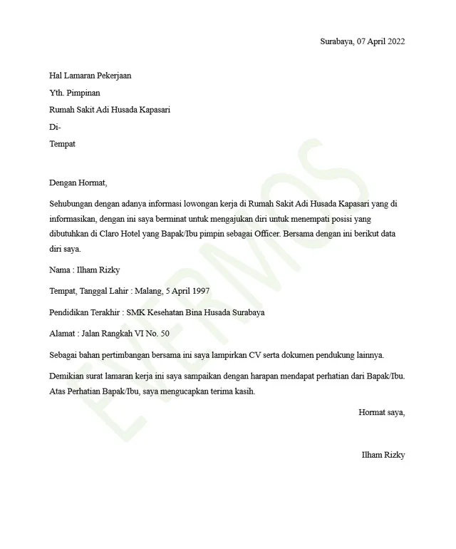 Contoh Surat Lamaran Kerja Perawat