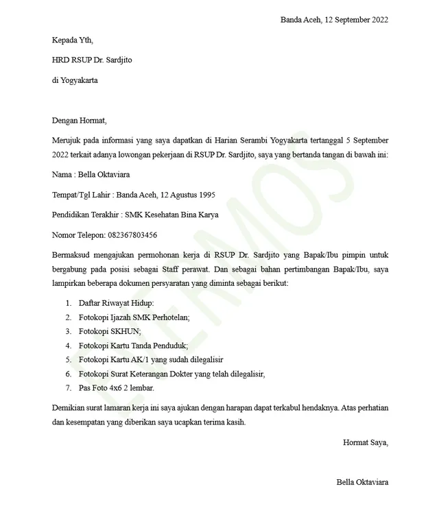 Contoh Surat Lamaran Kerja Perawat