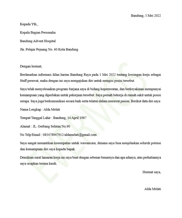 Contoh Surat Lamaran Kerja Perawat