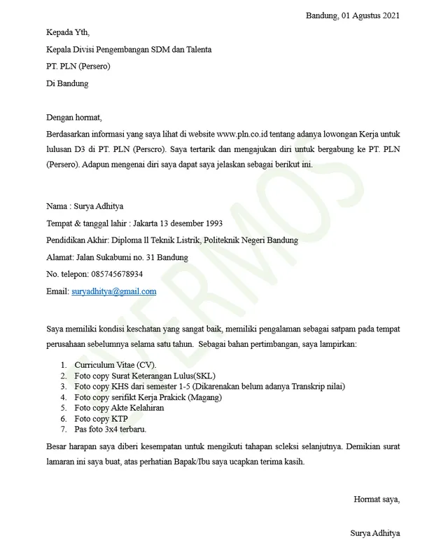 contoh surat lamaran kerja satpam di PLN