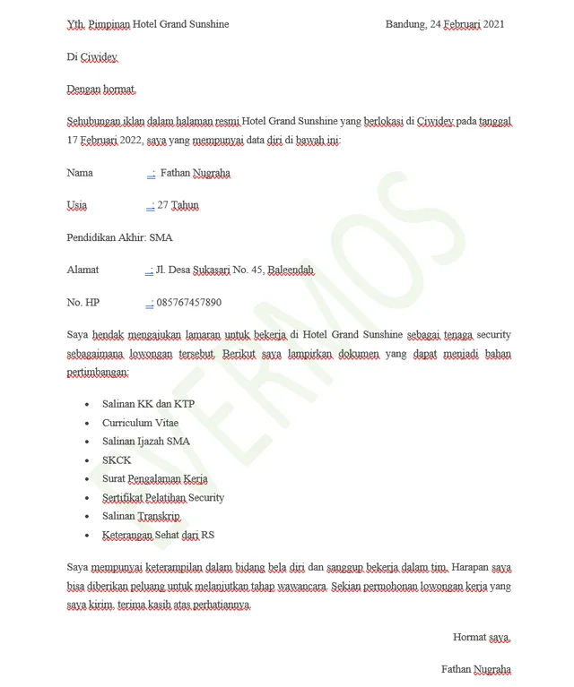 contoh surat lamaran kerja satpam di hotel