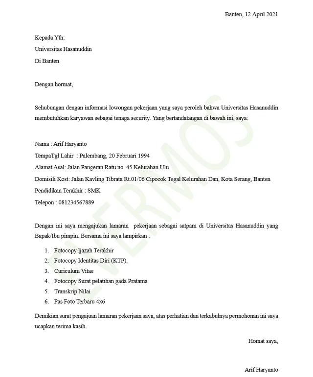 contoh surat lamaran kerja satpam di universitas
