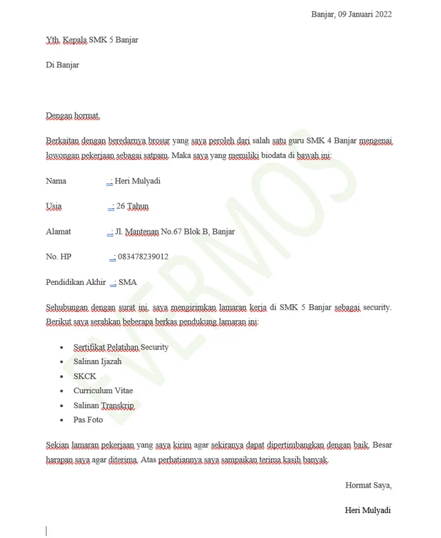 contoh surat lamaran kerja satpam sekolah