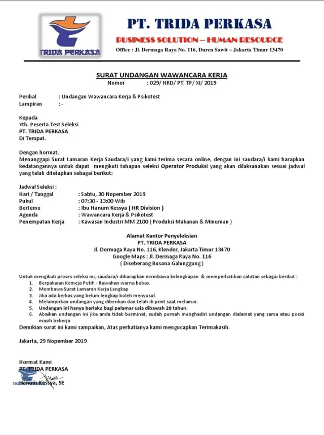 contoh surat interview kerja