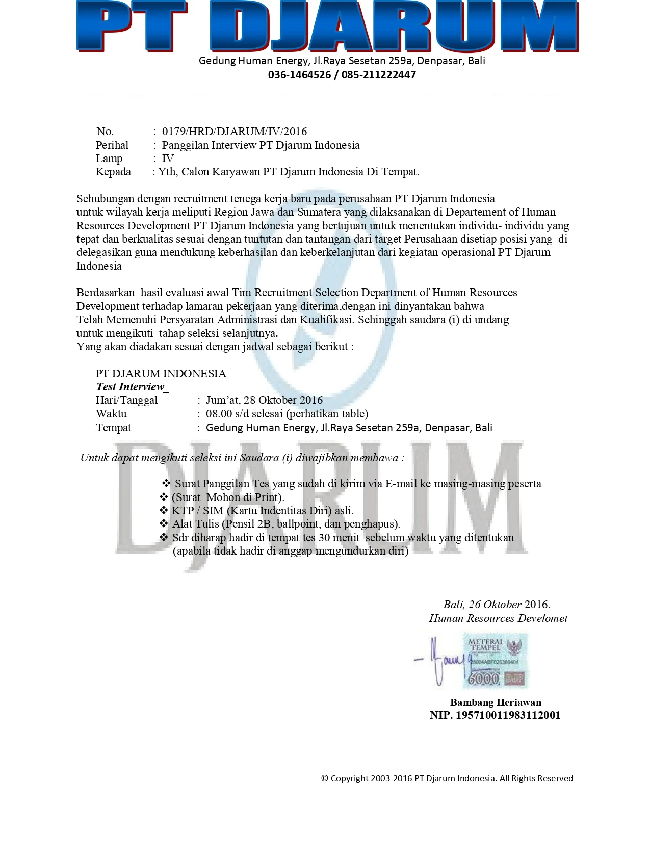 Contoh Surat Panggilan Kerja