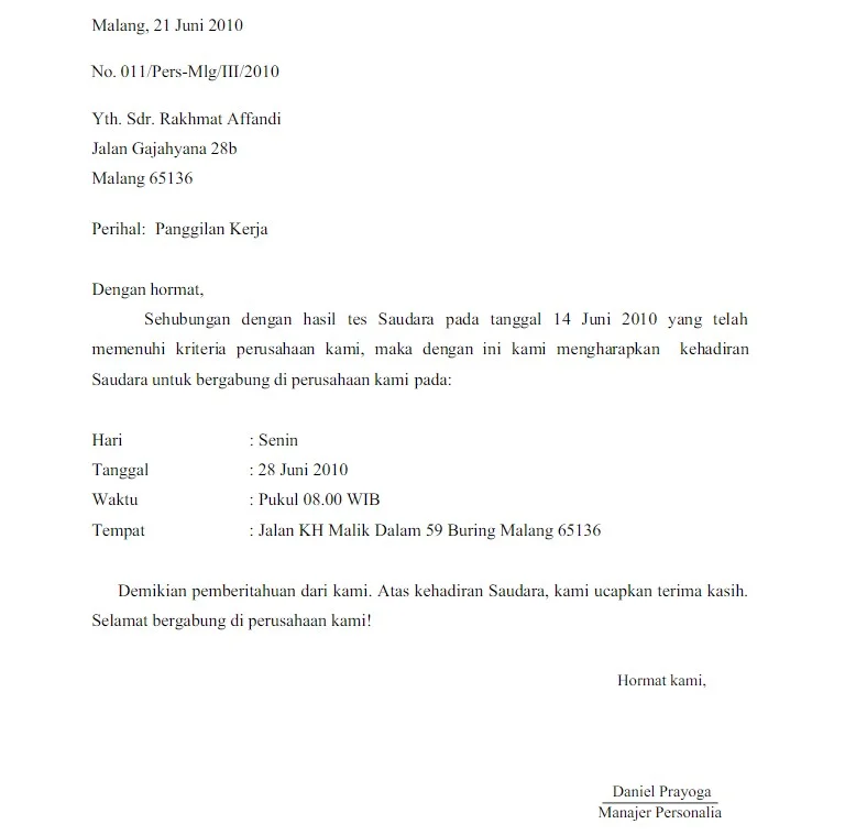 Contoh Surat Panggilan Kerja