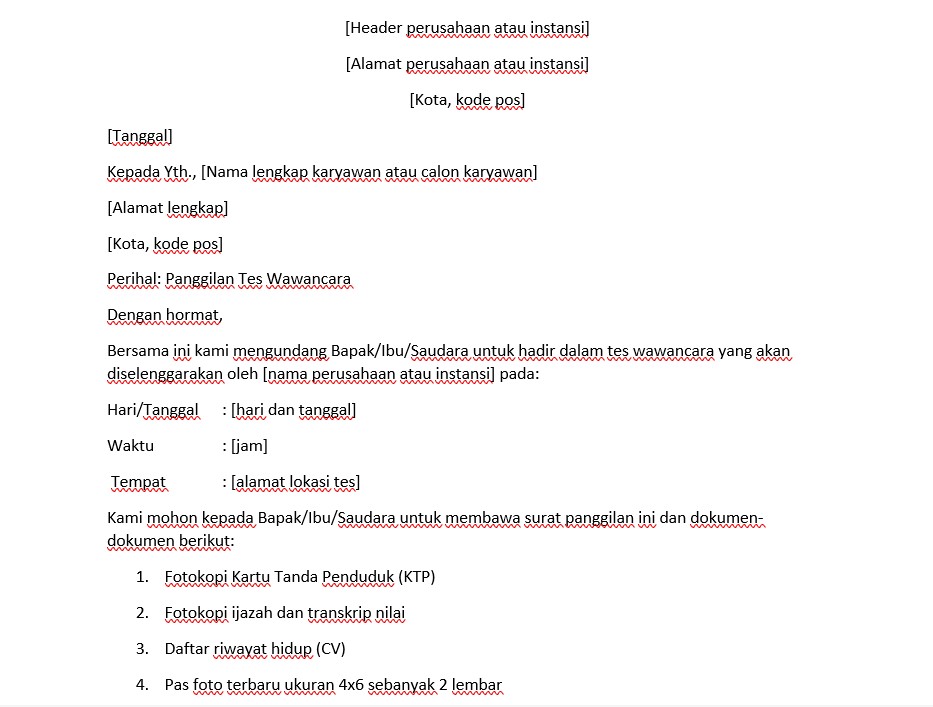 contoh surat panggilan kerja