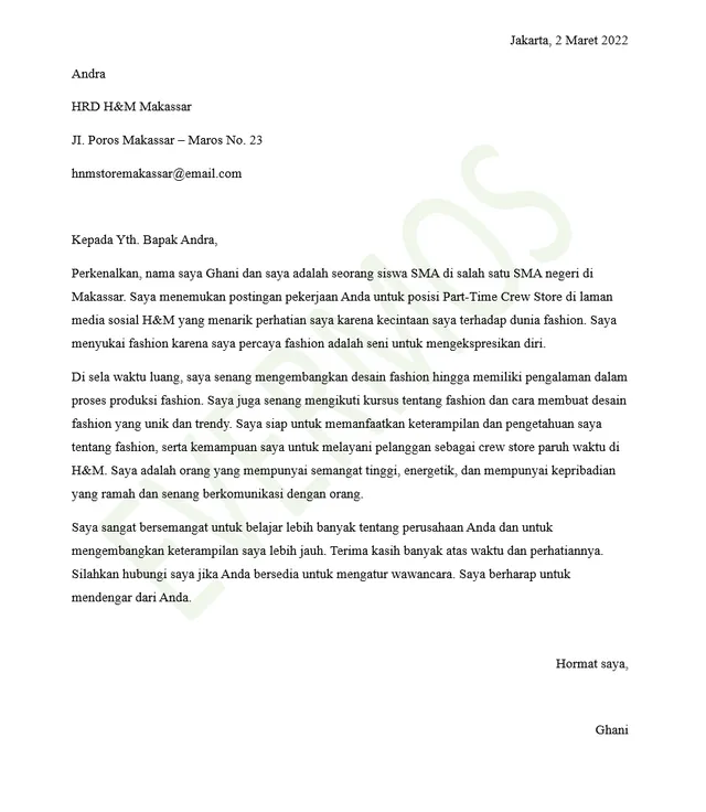 Contoh Surat Lamaran Kerja Part Time