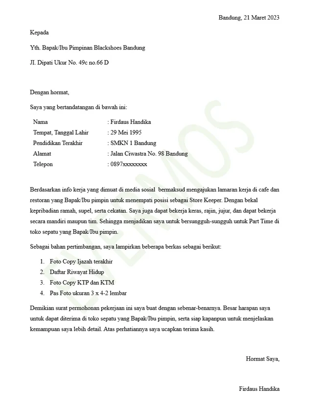 Contoh Surat Lamaran Kerja Part Time