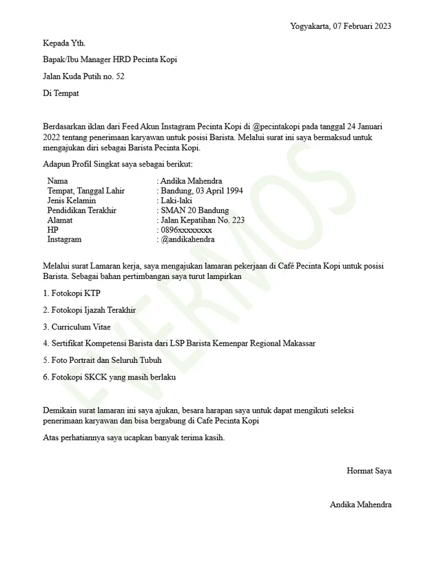 Contoh Surat Lamaran Kerja Part Time