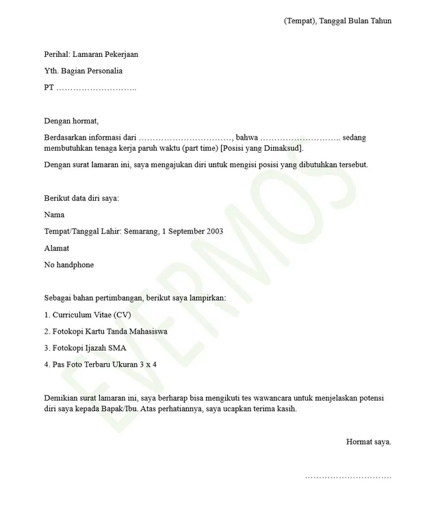 Contoh Surat Lamaran Kerja Part Time