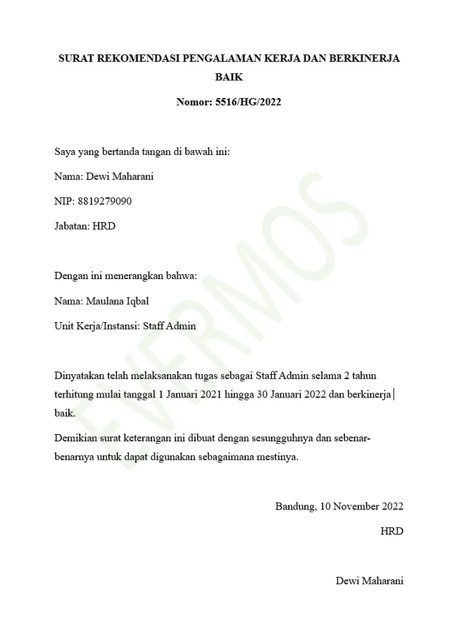 Contoh Surat Pengalaman Kerja