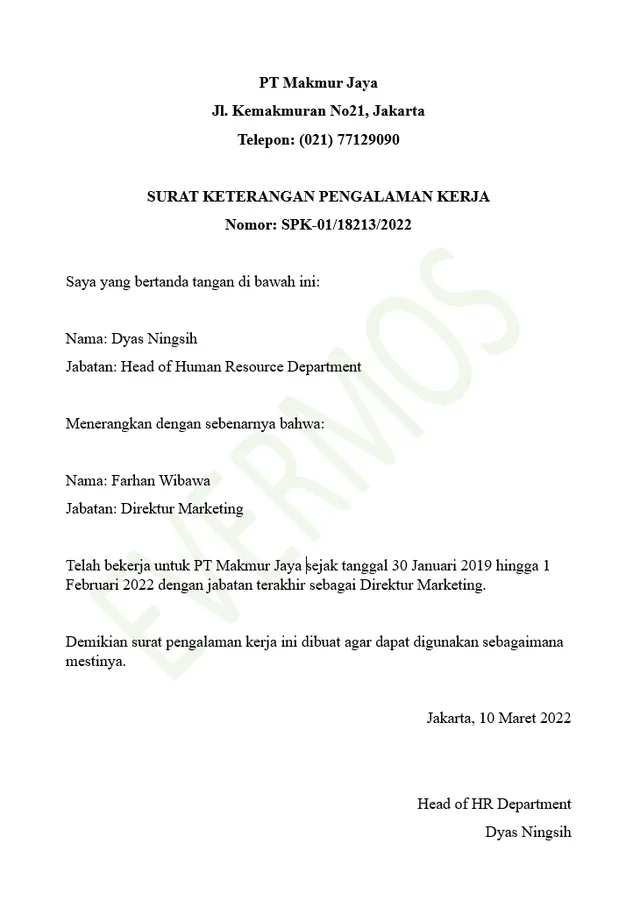 Contoh Surat Pengalaman Kerja