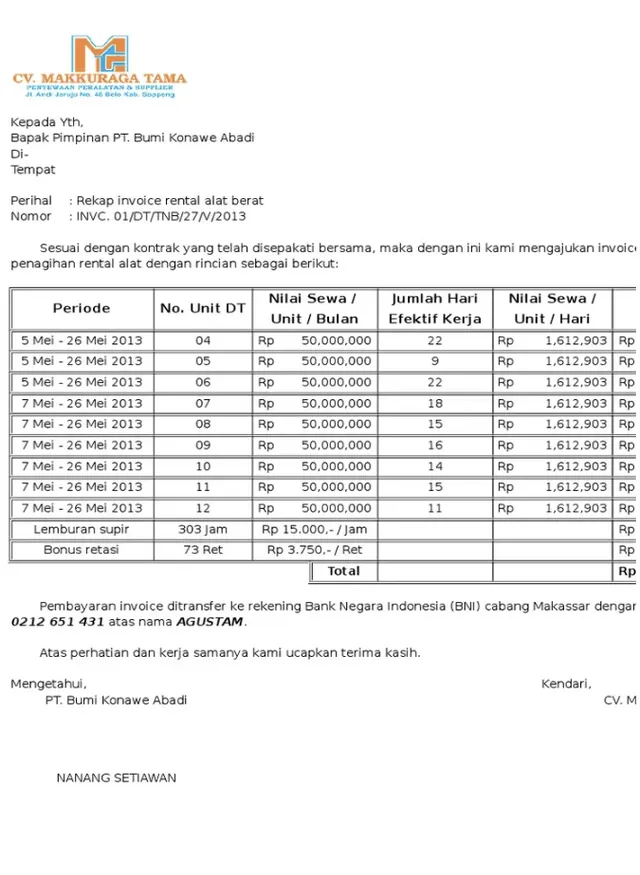 contoh invoice alat berat