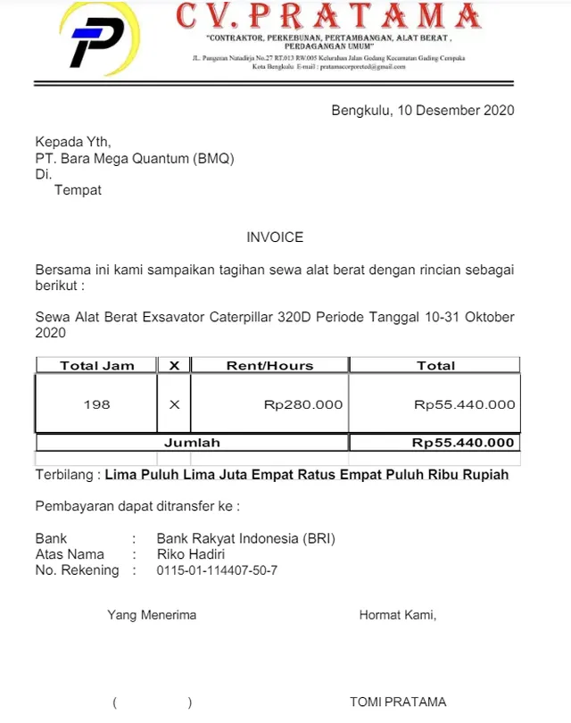 contoh invoice alat berat
