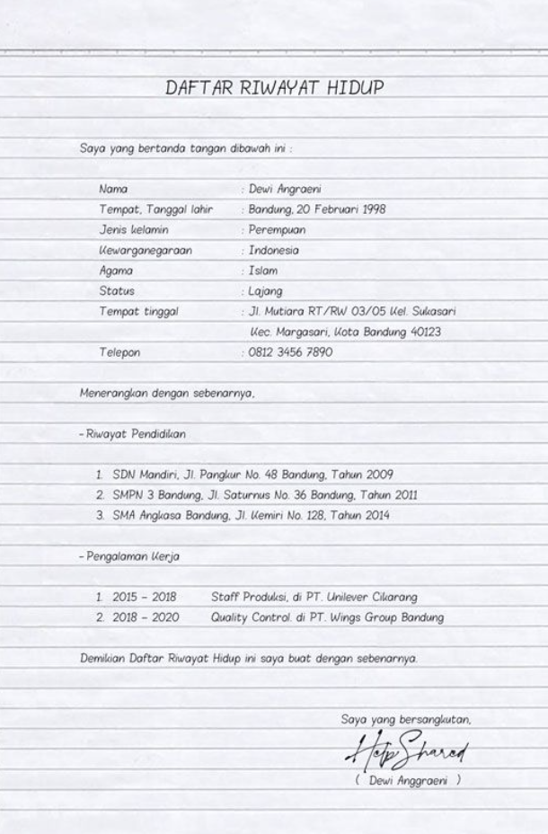 6 Contoh CV Tulis Tangan Serta Cara Membuatnya yang Benar