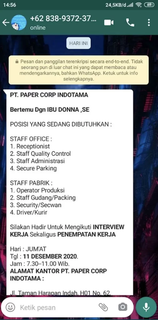 contoh panggilan kerja via wa palsu