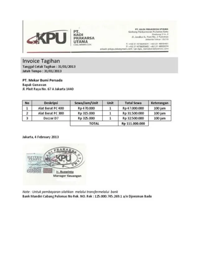 contoh invoice alat berat