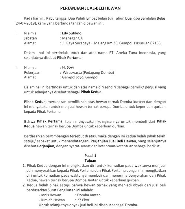 Cara Buat & Contoh Surat Perjanjian Jual Beli Hewan Qurban yang Benar surat perjanjian jual beli hewan qurban