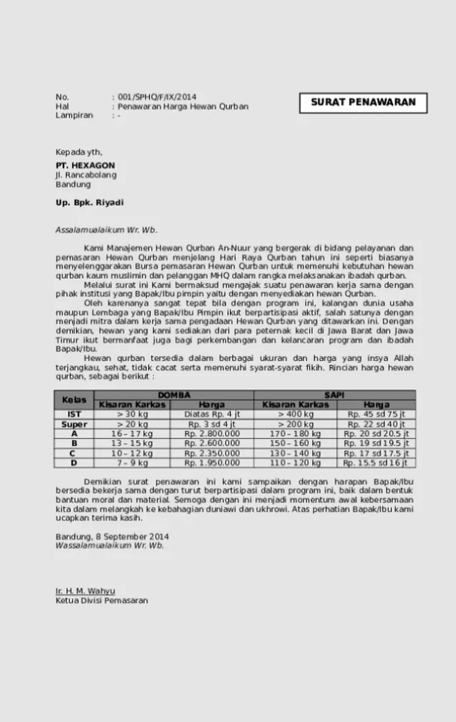 contoh surat penawaran harga hewan qurban