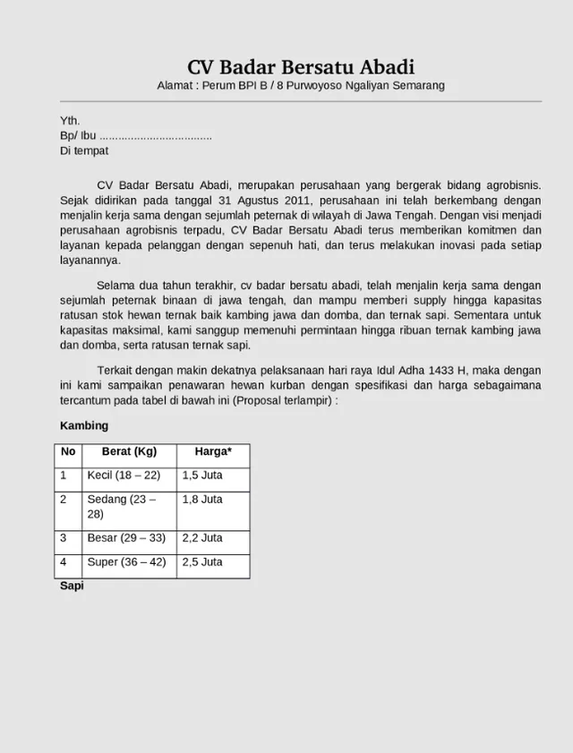contoh surat penawaran harga hewan qurban