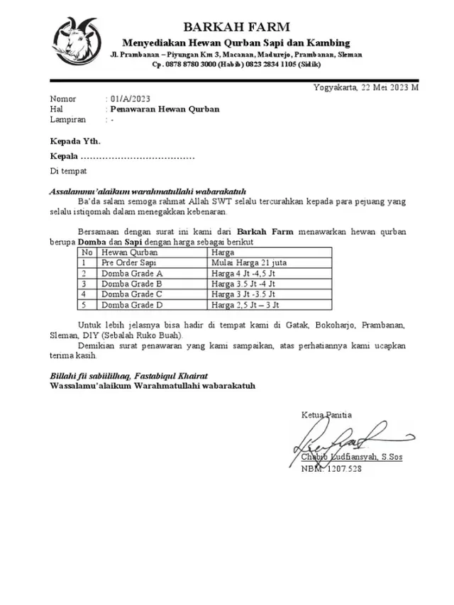contoh surat penawaran harga hewan qurban