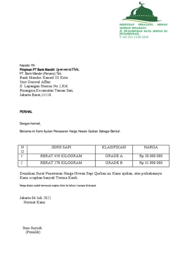 contoh surat penawaran harga hewan qurban