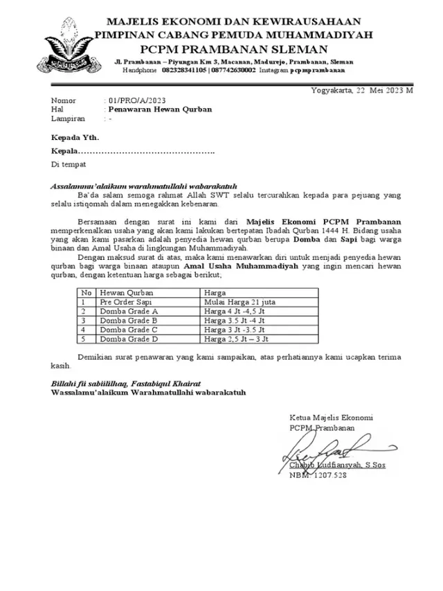 contoh surat penawaran harga hewan qurban