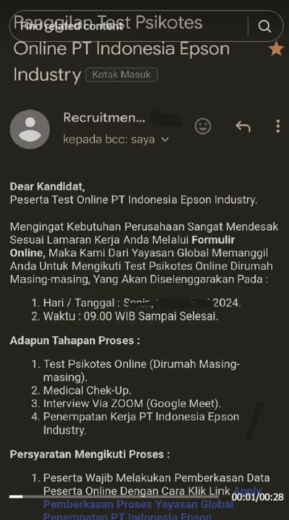 contoh panggilan kerja via email asli pt epson diduga tipuan