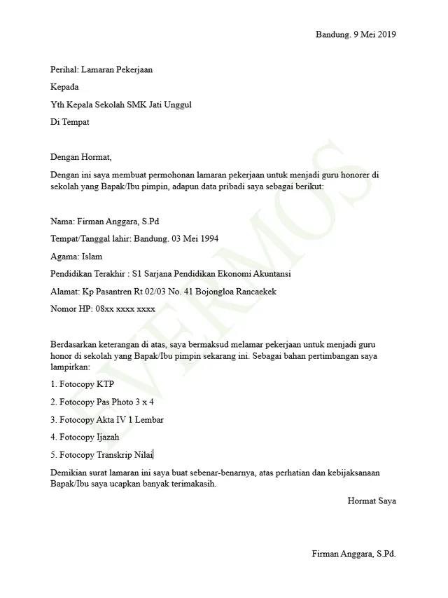 surat lamaran guru