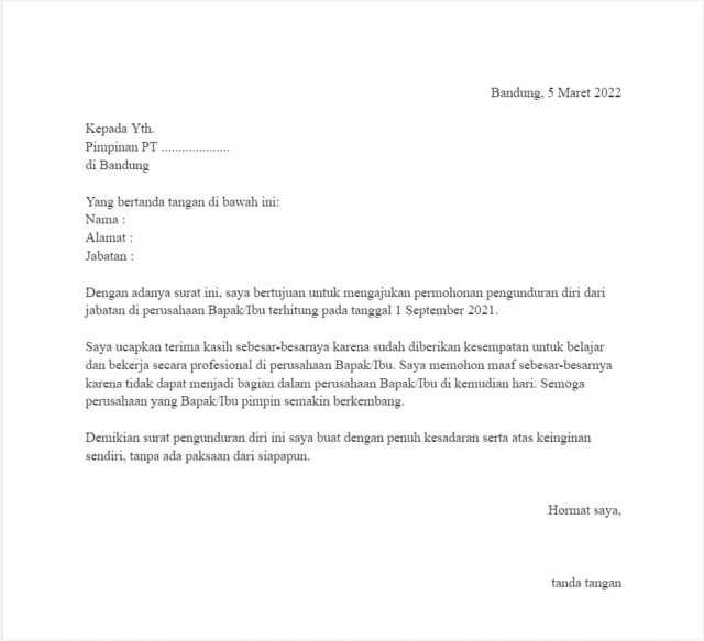 contoh surat pengunduran diri