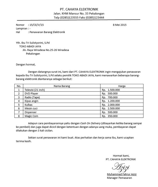 contoh surat penawaran harga