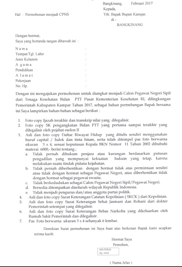 contoh surat lamaran bidan