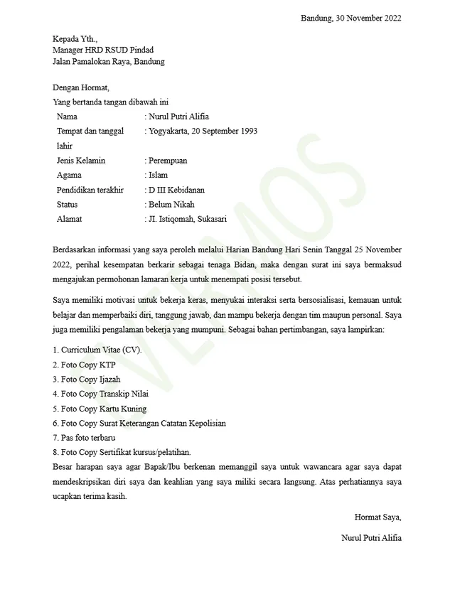 contoh surat lamaran bidan